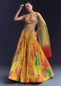Multi Crepe Floral Print Bridesmaid Lehenga Set with Dupatta