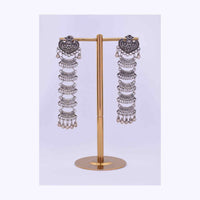 Multi layer long oxidized earring with moti drops only on Kalki