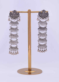 Multi layer long oxidized earring with moti drops only on Kalki