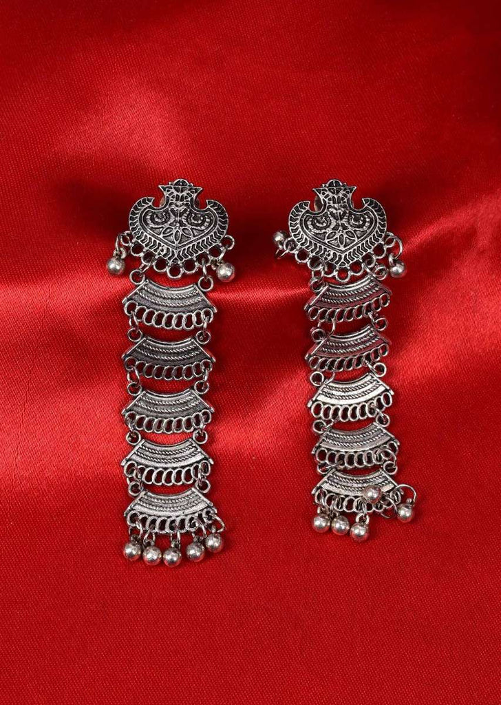 Multi layer long oxidized earring with moti drops only on Kalki