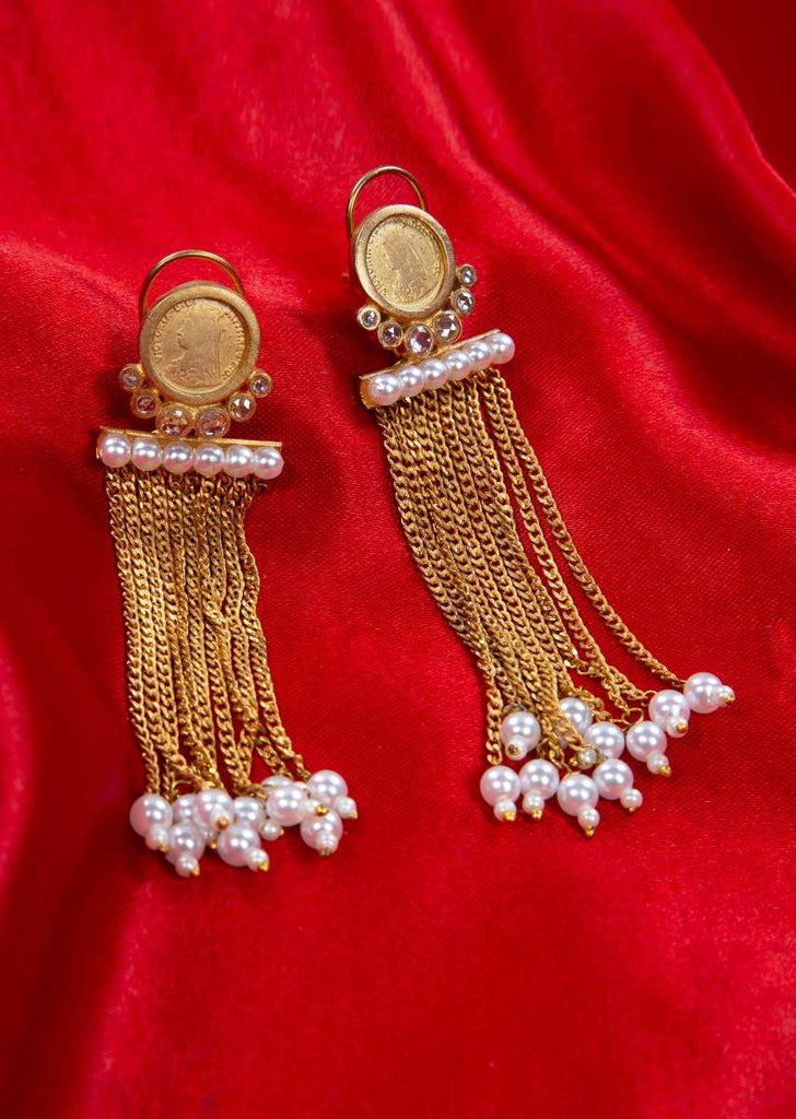 Multi layer sleek chain tassel earring adorn with pearls only on kalki