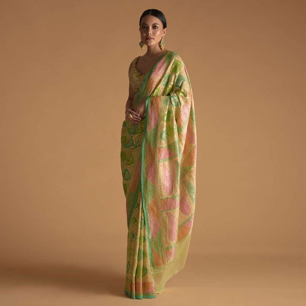 Multi Shades Of Green Toned khaddi Georgette Saree Adorn With  With Weaved Jaal Embroidery Online - Kalki Fashion