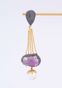 Multi String Long Tasseled Earring With Pearls And Amethyst Stone Online - Kalki Fashion