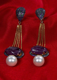 Multi String Long Tasseled Earring With Pearls And Amethyst Stone Online - Kalki Fashion