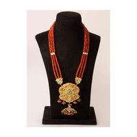 Multi string orange faceted bead necklace with peach meenakari pendant