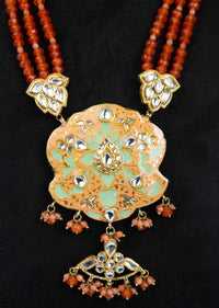 Multi string orange faceted bead necklace with peach meenakari pendant