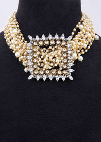 Multi string pearl studded chocker with square pendant adorn with kundan and Stone only on Kalki