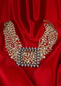 Multi string pearl studded chocker with square pendant adorn with kundan and Stone only on Kalki