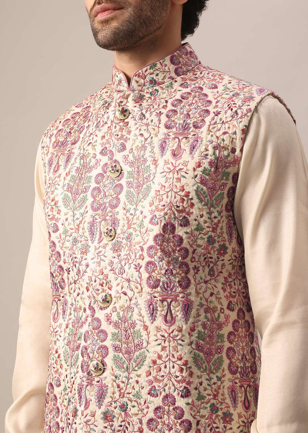 Multi Color Floral Embroidered Jacket And Kurta Set