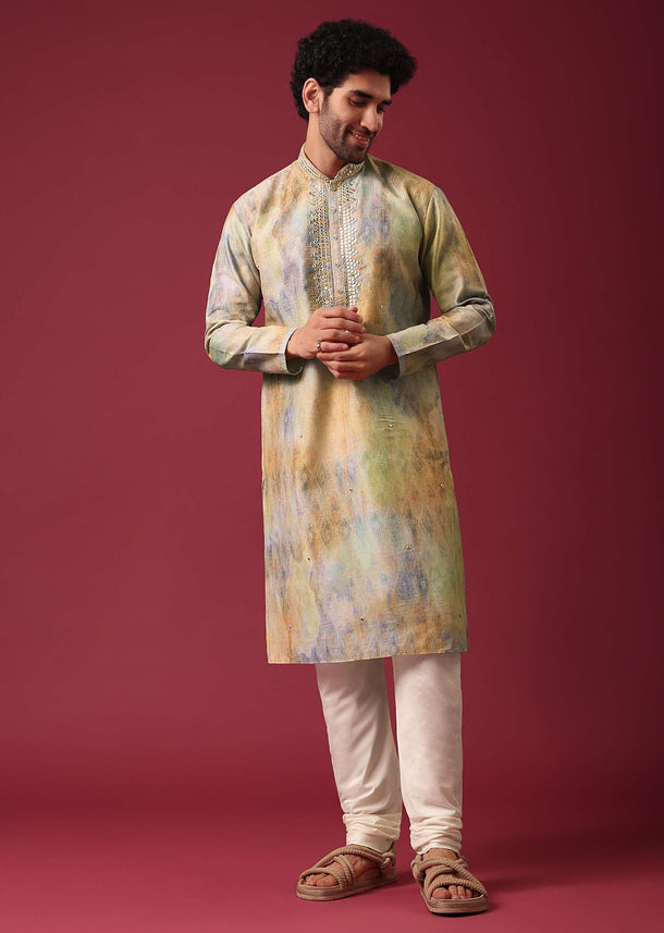 Multi Color Kurta Set With Mirror Work In Silk Fabric