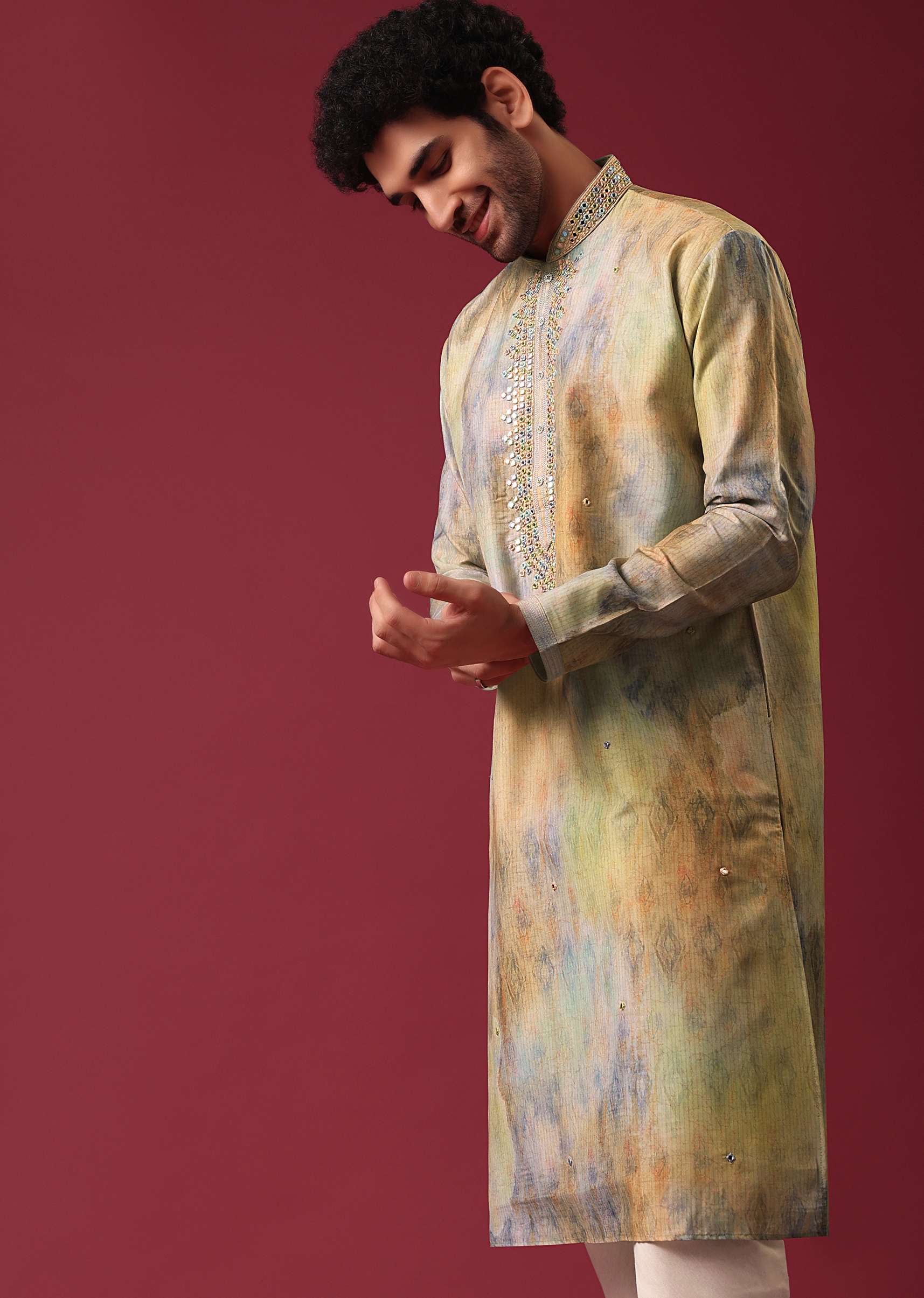 Multi-color silk kurta set with mirror work