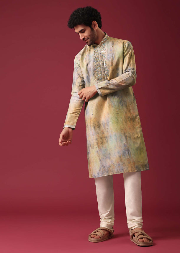 Multi Color Kurta Set With Mirror Work In Silk Fabric
