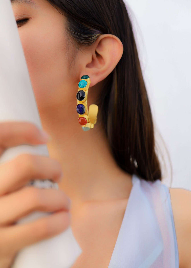 Multi Color Stones Gold Hoops Earrings