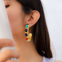 Multi Color Stones Gold Hoops Earrings