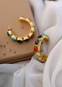 Multi Color Stones Gold Hoops Earrings