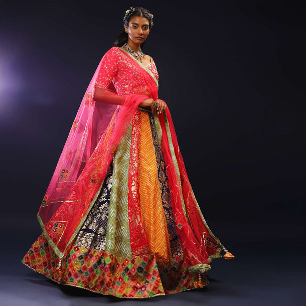 Multi Colored Brocade Lehenga Choli With Multi Colored Moroccan Printed Border