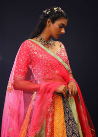 Multi Colored Brocade Lehenga Choli With Multi Colored Moroccan Printed Border