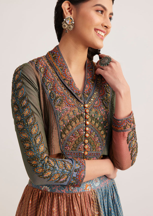 Multi Colored Chanderi Skirt Set With Kantha Embroidery