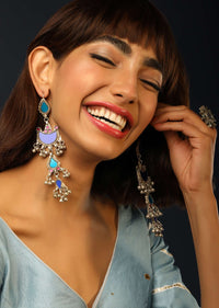 Multi Colored Glass Earrings In Light Blue, Navy Blue Colours And Ghunghroo