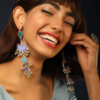 Multi Colored Glass Earrings In Light Blue, Navy Blue Colours And Ghunghroo
