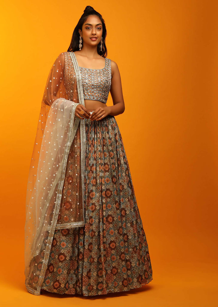 Multi Colored Lehenga Choli In Earthy Hues With Bandhani And Moroccan Jaal Design