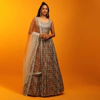 Multi Colored Lehenga Choli In Earthy Hues With Bandhani And Moroccan Jaal Design