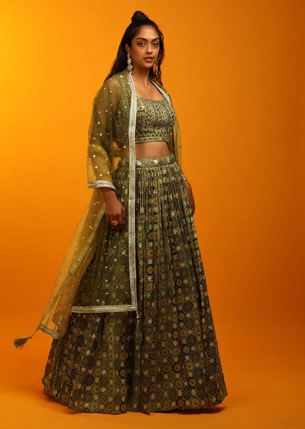 Multi Colored Lehenga Choli In Green Hues With Bandhani And Moroccan Jaal Design