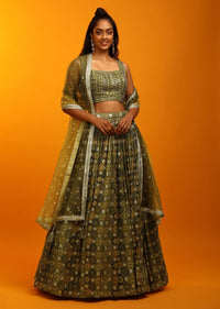 Multi Colored Lehenga Choli In Green Hues With Bandhani And Moroccan Jaal Design