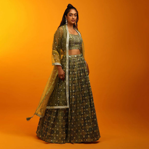 Multi Colored Lehenga Choli In Green Hues With Bandhani And Moroccan Jaal Design