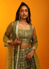 Multi Colored Lehenga Choli In Green Hues With Bandhani And Moroccan Jaal Design