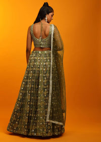 Multi Colored Lehenga Choli In Green Hues With Bandhani And Moroccan Jaal Design