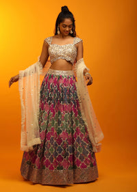 Multi Colored Lehenga In Georgette With Moroccan Jaal Print And Heavy Mirror Embroidery