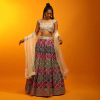 Multi Colored Lehenga In Georgette With Moroccan Jaal Print And Heavy Mirror Embroidery