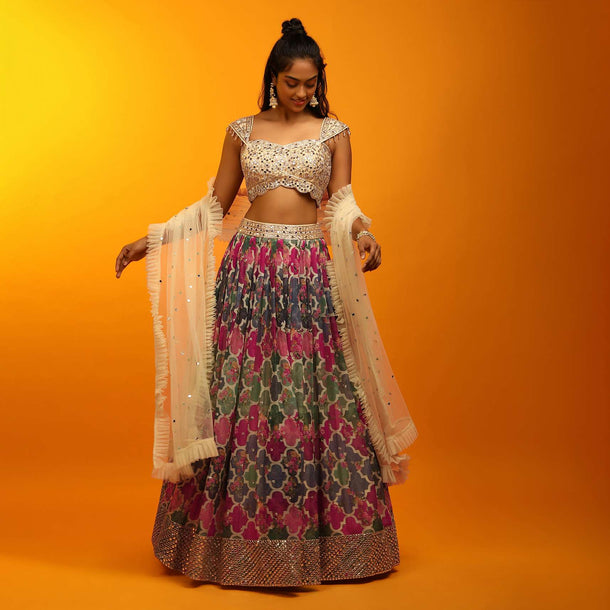 Multi Colored Lehenga In Georgette With Moroccan Jaal Print And Heavy Mirror Embroidery