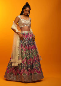 Multi Colored Lehenga In Georgette With Moroccan Jaal Print And Heavy Mirror Embroidery