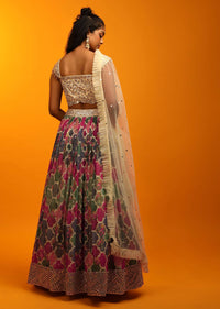 Multi Colored Lehenga In Georgette With Moroccan Jaal Print And Heavy Mirror Embroidery