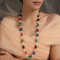Multi Colored Long Necklace With Alternating Stones And Pearls