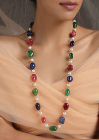 Multi Colored Long Necklace With Alternating Stones And Pearls