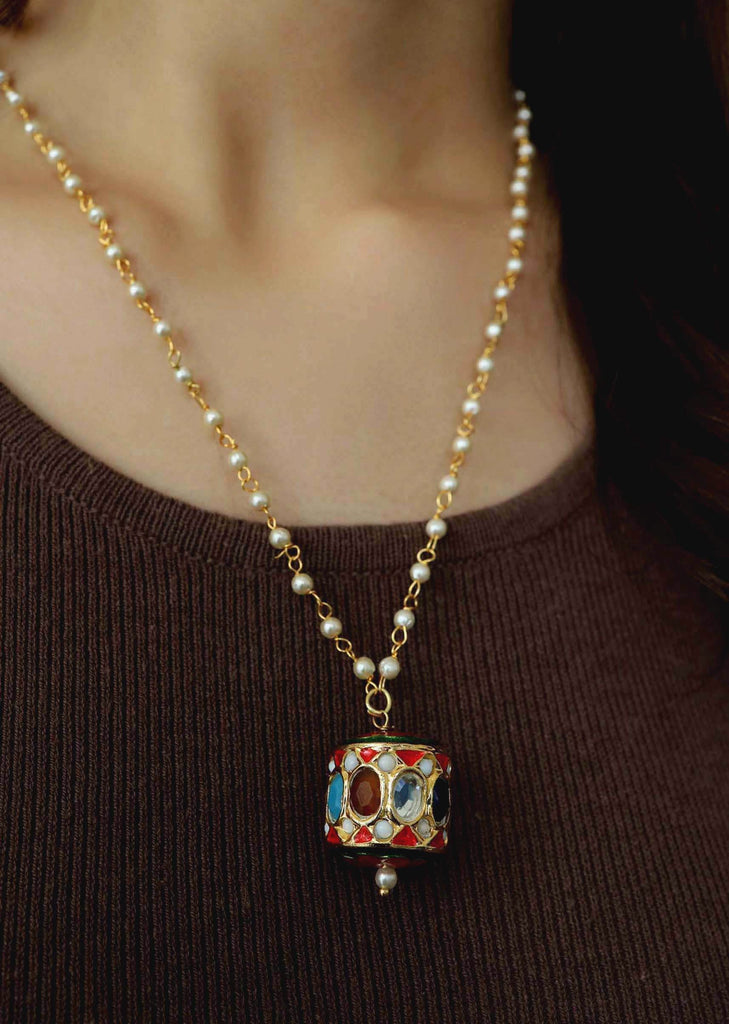 Multi Colored Necklace With Pearl Chain And Intricate Navratna Pendant In The Centre