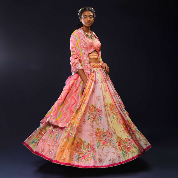 Multi Colored Panel Lehenga In Pastel Hues With Floral Print And Gotta Lace Embroidery