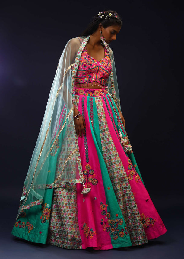 Multi Colored Panelled Lehenga Choli With Floral Print And Floral Embroidery Using Mirror And Thread