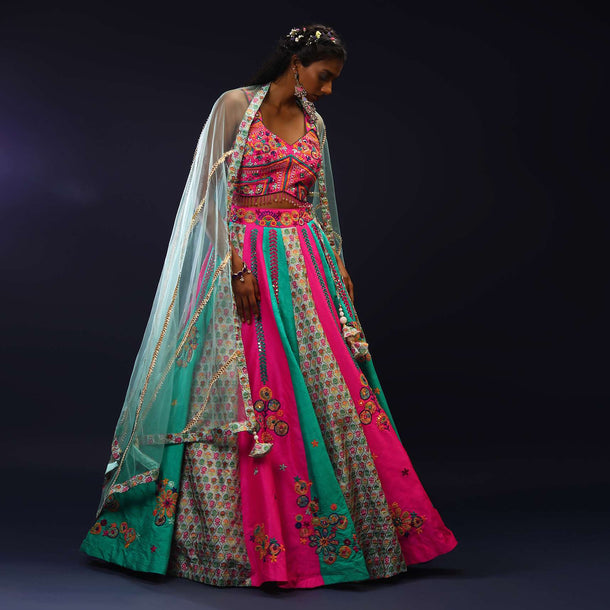 Multi Colored Panelled Lehenga Choli With Floral Print And Floral Embroidery Using Mirror And Thread