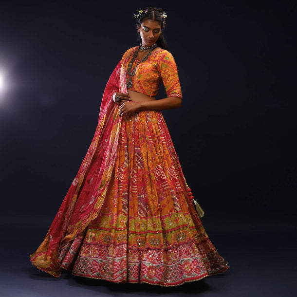 Multi Colored Panelled Lehenga Choli With Jaipuri Tie Dye And Floral Print