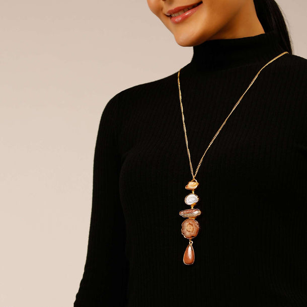 Multi Colored Semi Precious Stone Studded Pendant And Gold Plated Chain