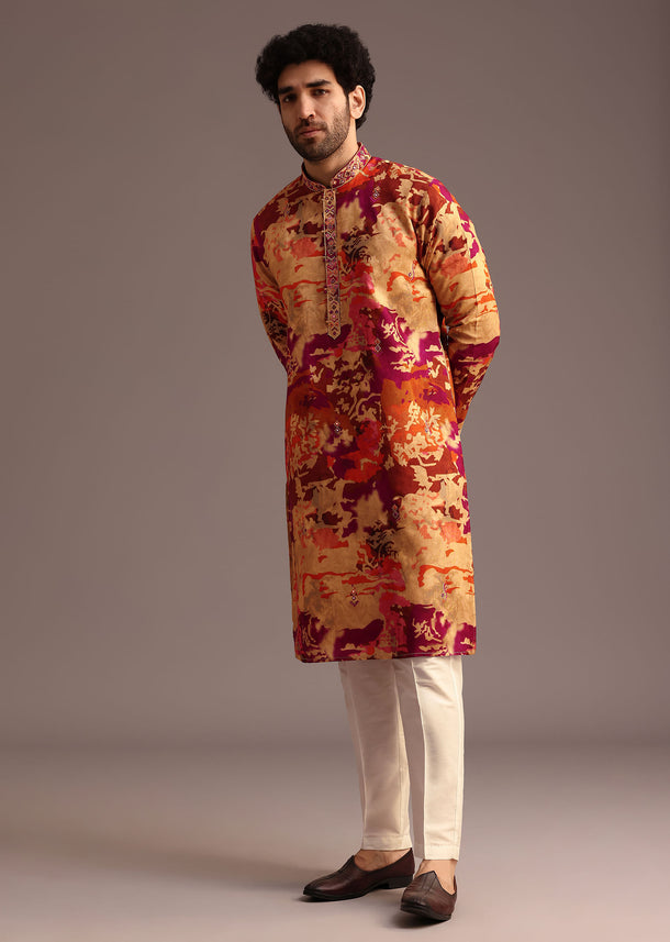 Multi Colour Abstract Printed Kurta Pant Set With Mandarin Collar
