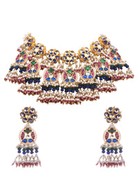 Multi Colour Kundan Short Necklace Set With Stones