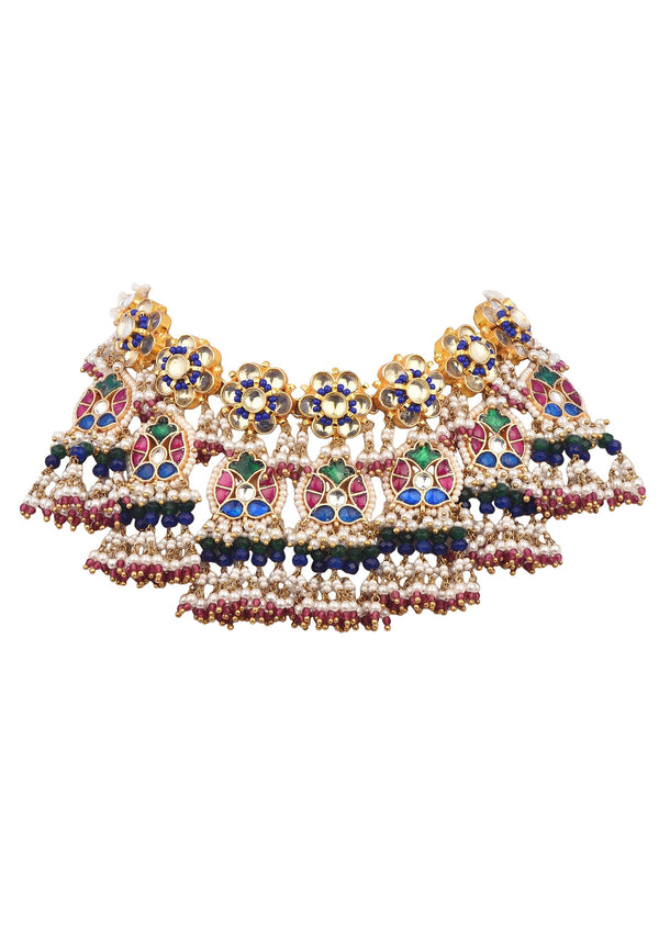 Multi Colour Kundan Short Necklace Set With Stones