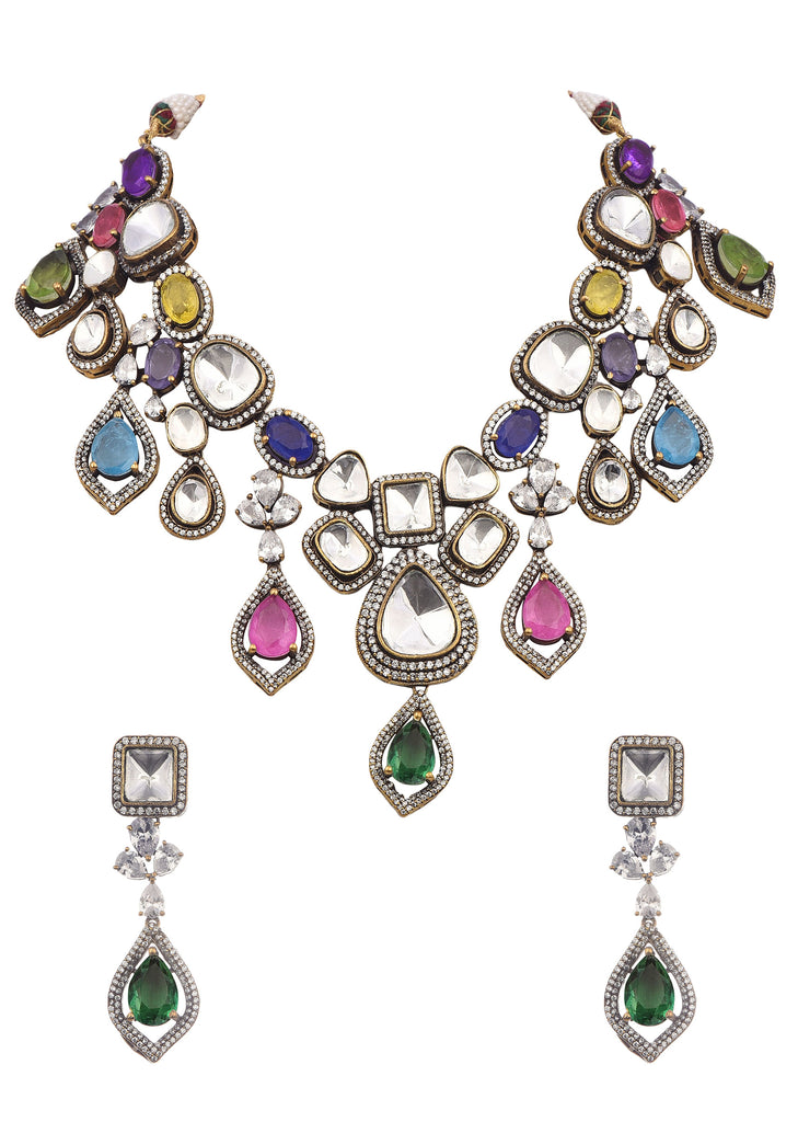 Multi Colour Uncut Polki Short Necklace Set With Stones