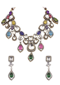 Multi Colour Uncut Polki Short Necklace Set With Stones