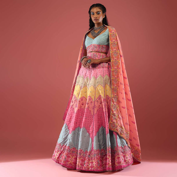 Multi Coloured Bandhani Print Lehenga Choli In Silk Inspired From Mughal Architecture And Hand Embroidery Detailing